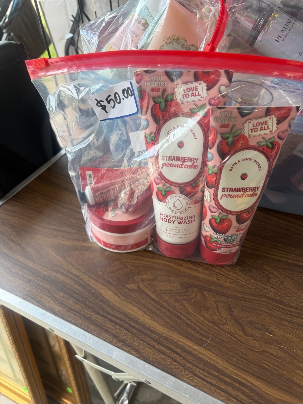 Bath & Body Works Strawberry Pound Cake Body Wash & Lotion Gift Set - Red, Pink